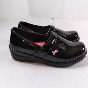 Rasolli Womens Nursing Clogs Black Faux Patten Leather With Breast Cancer Ribbon